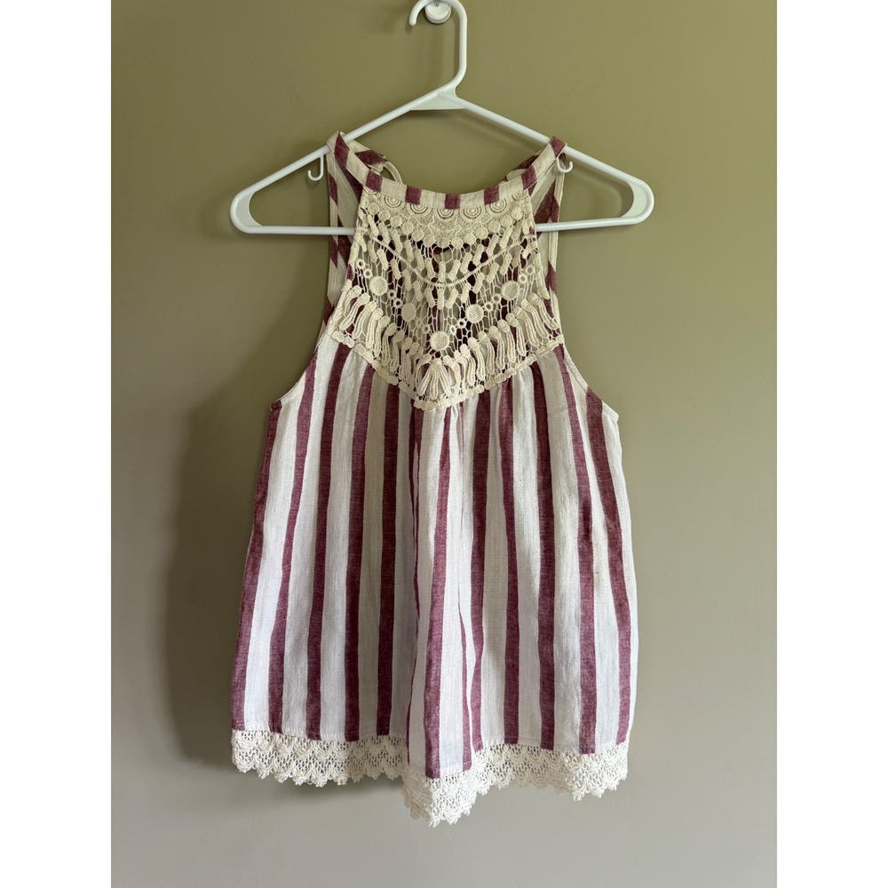 Listicle Red White Striped Crochet Lace Halter Top Boho Cotton LT0133 Womens S